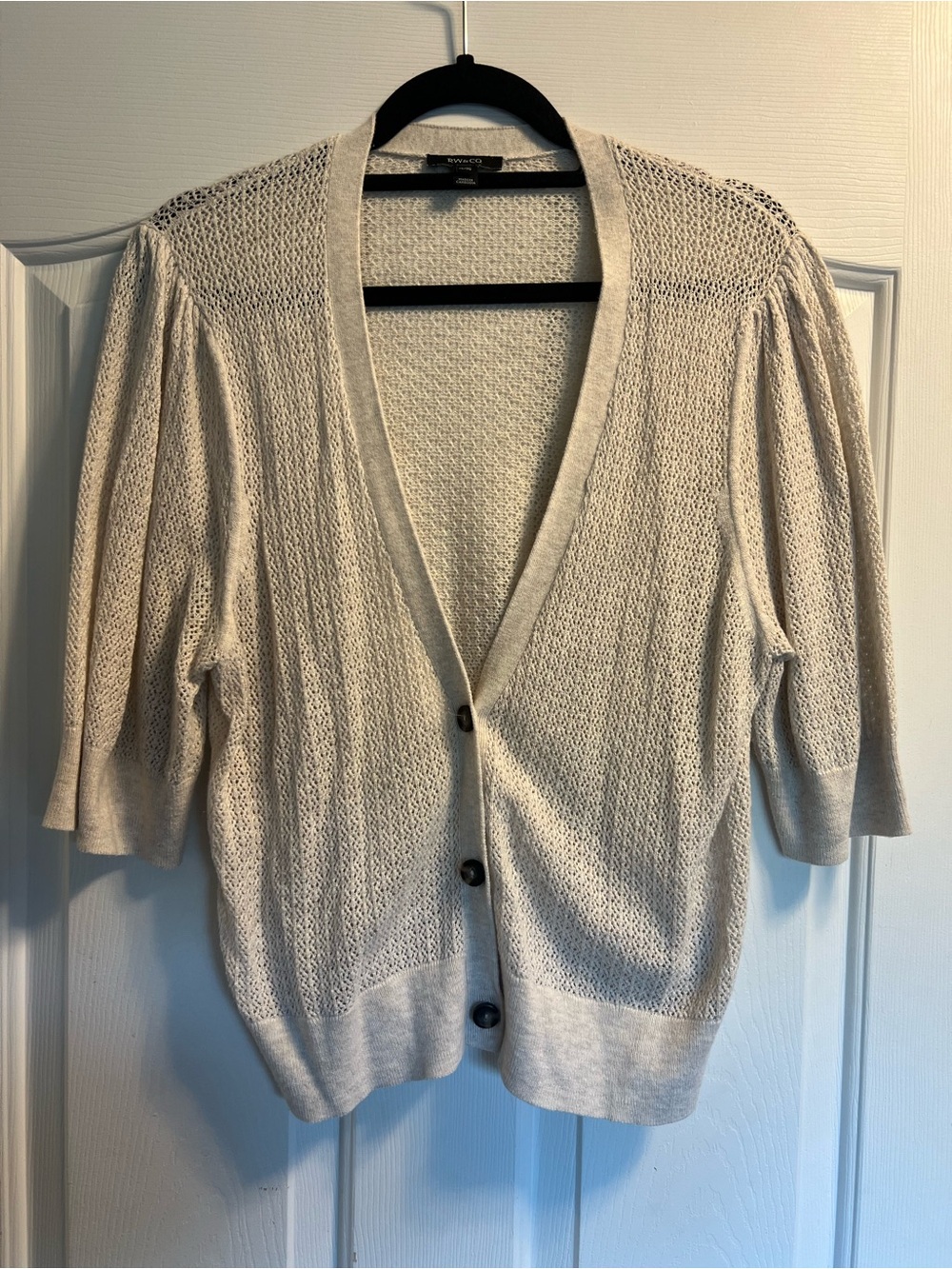 RW&CO. Cream Open-Knit Puff Sleeve Button Cardigan